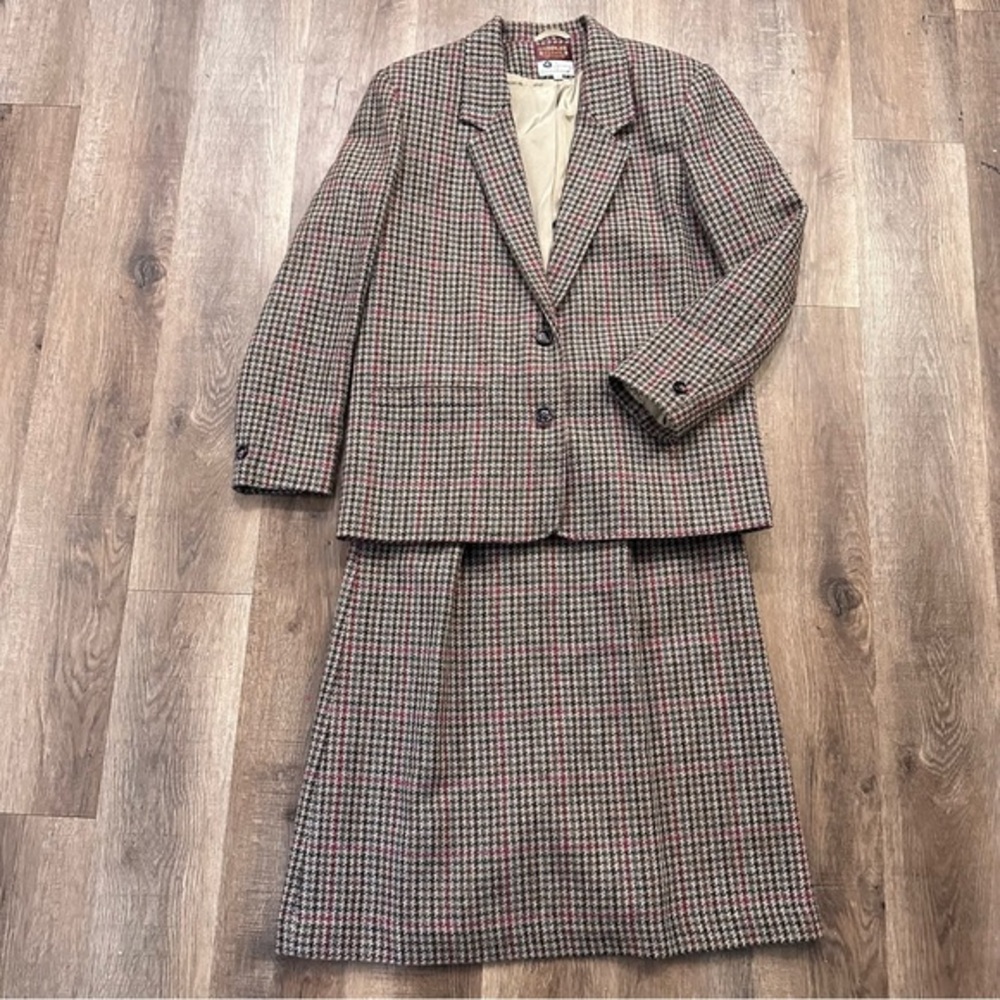 Vtg Harrington Tweed Wool Blazer Skirt Suit Pockets Jacket Size 12 Plaid 70s - Picture 10 of 16